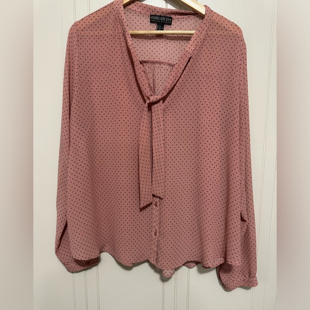 2X Pink and Black Polka Dot Tie Neck Long Sleeve Blouse